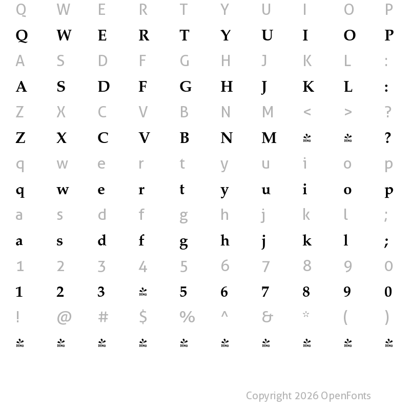 Character Map of FONTSPRING DEMO - Palazzo Pro Bold
