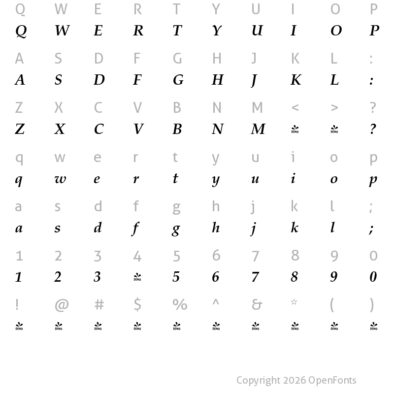 Character Map of FONTSPRING DEMO - Palazzo Pro Bold Italic