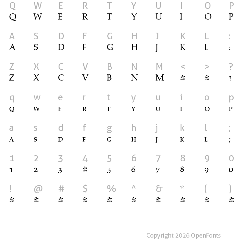 Character Map of FONTSPRING DEMO - Palazzo Pro Caps Regular