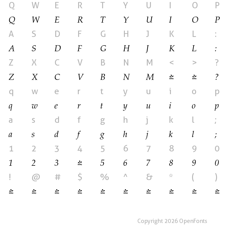 Character Map of FONTSPRING DEMO - Palazzo Pro Italic