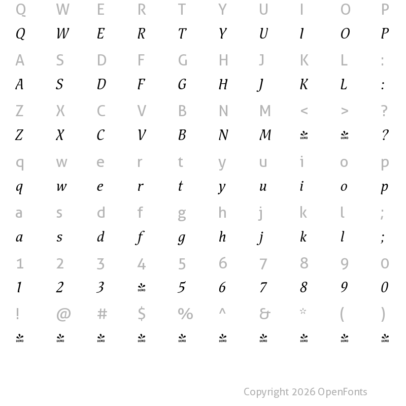 Character Map of FONTSPRING DEMO - Pallada Italic Regular