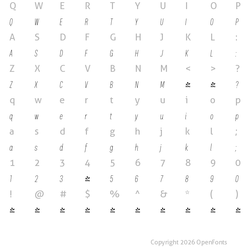 Character Map of FONTSPRING DEMO - Palo Compressed Thin Italic Regular