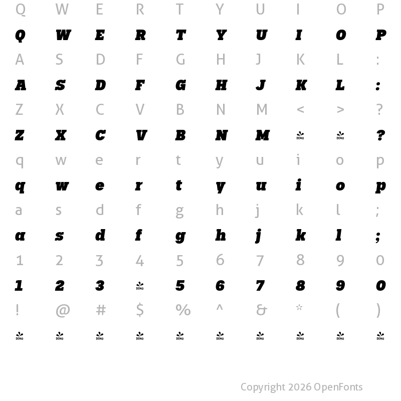 Character Map of FONTSPRING DEMO - Palo Slab Black Oblique Regular