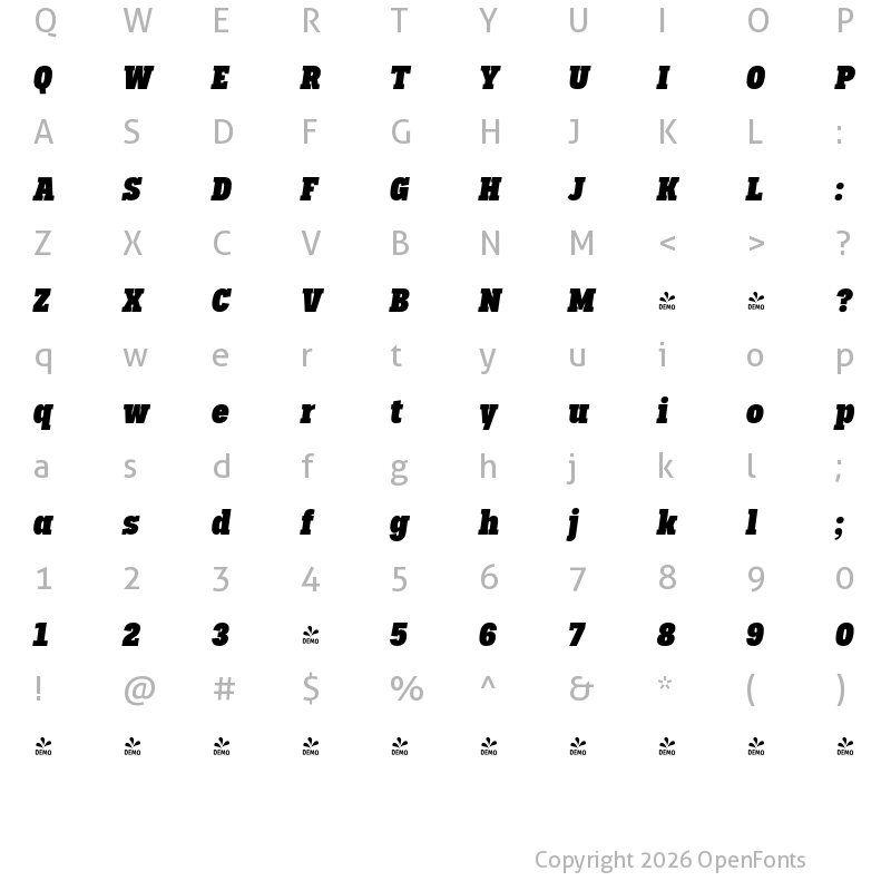 Character Map of FONTSPRING DEMO - Palo Slab Cond Black Oblique Regular