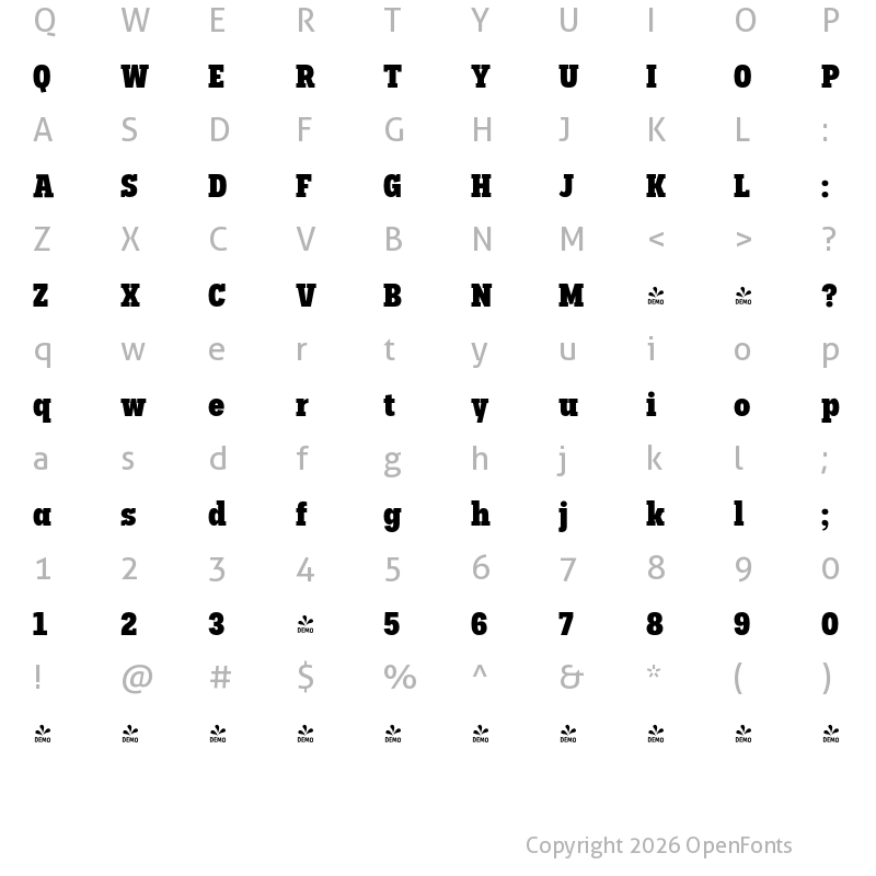 Character Map of FONTSPRING DEMO - Palo Slab Cond Xbold Regular