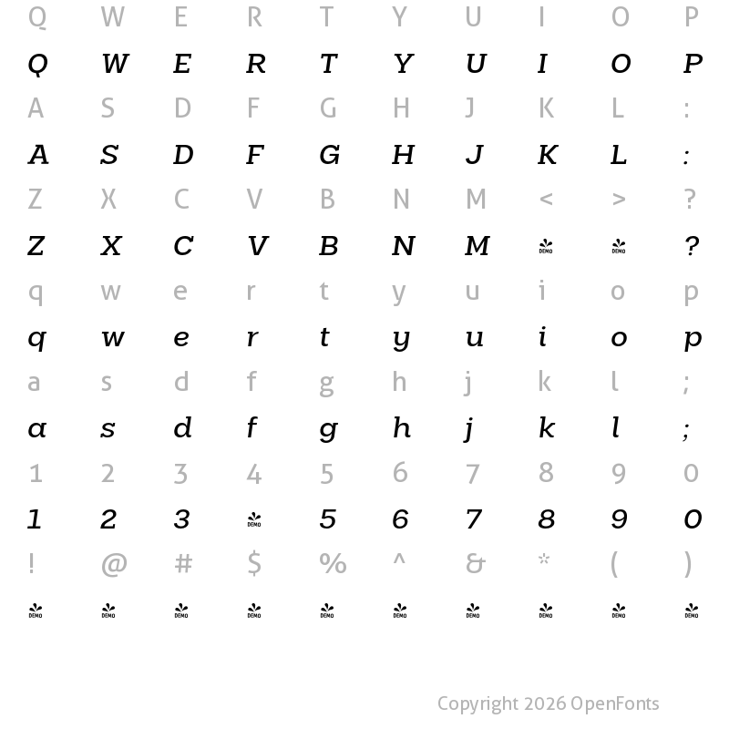 Character Map of FONTSPRING DEMO - Palo Slab Wide Medium Italic