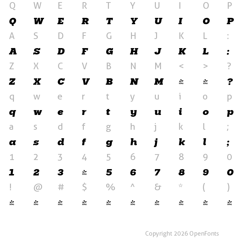 Character Map of FONTSPRING DEMO - Palo Slab Wide Xbold Italic