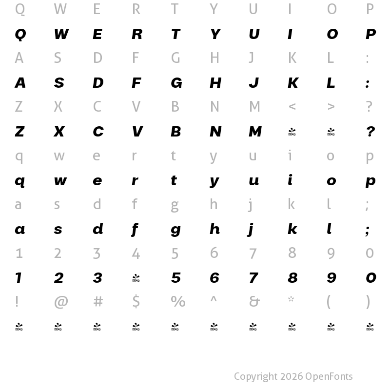 Character Map of FONTSPRING DEMO - Palo Wide Bold Italic