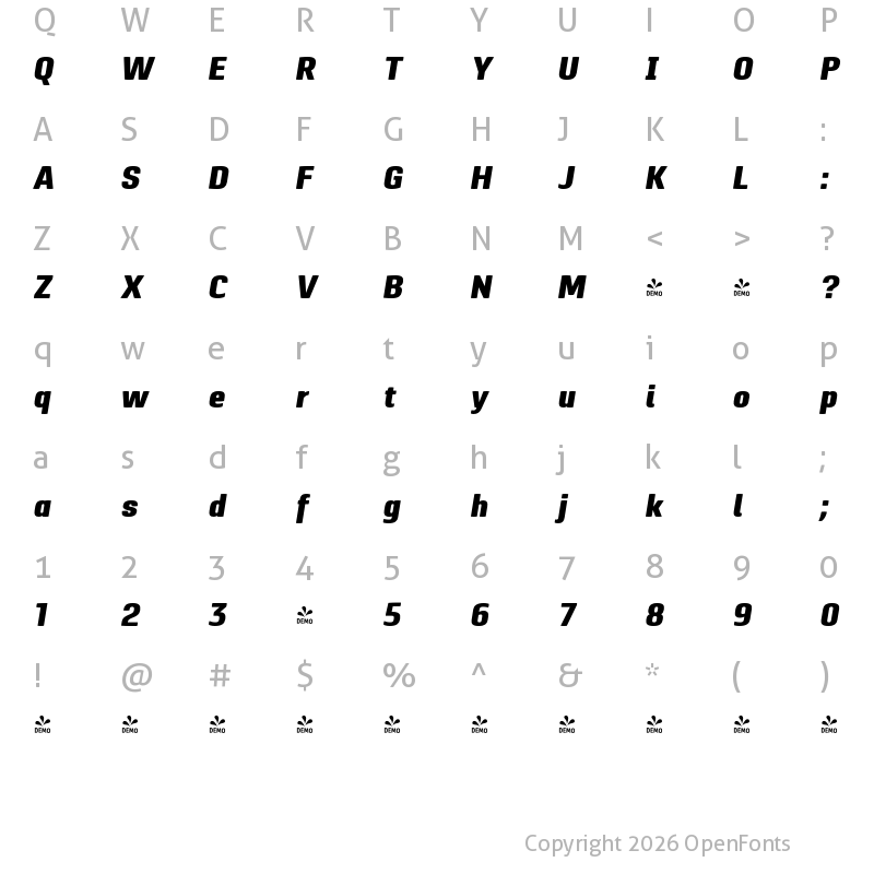 Character Map of FONTSPRING DEMO - Pancetta Pro Bl Italic
