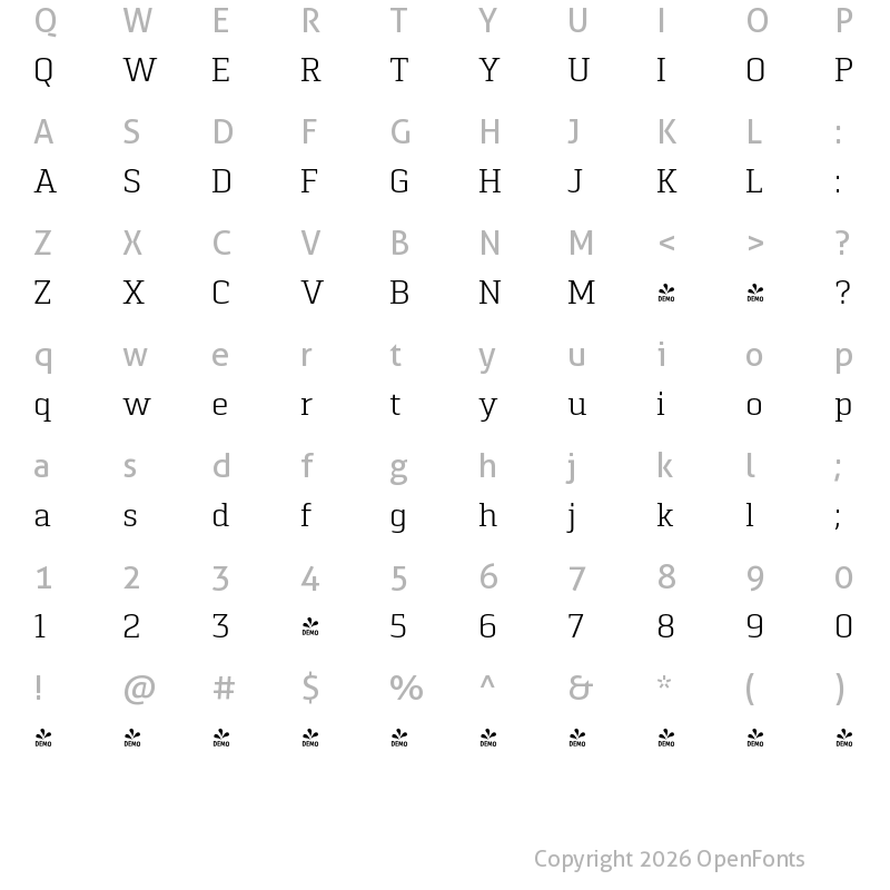 Character Map of FONTSPRING DEMO - Pancetta Serif Pro Lt Regular