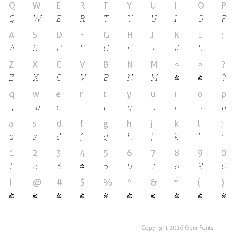 Character Map of FONTSPRING DEMO - Pancetta Serif Pro Th Italic