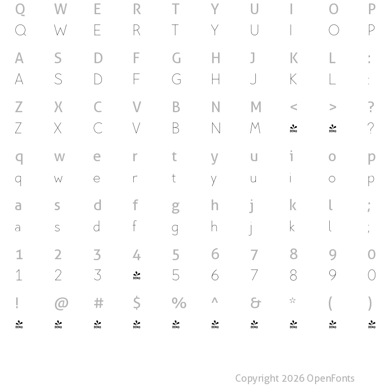 Character Map of FONTSPRING DEMO - Pani Sans Thin Regular