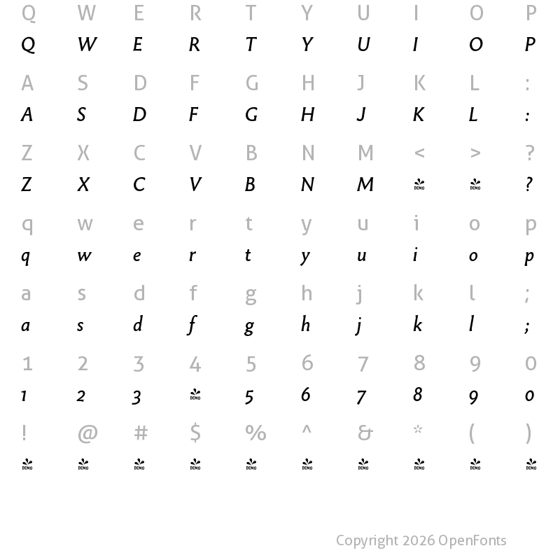 Character Map of FONTSPRING DEMO - ParadigmPro-Italic Regular