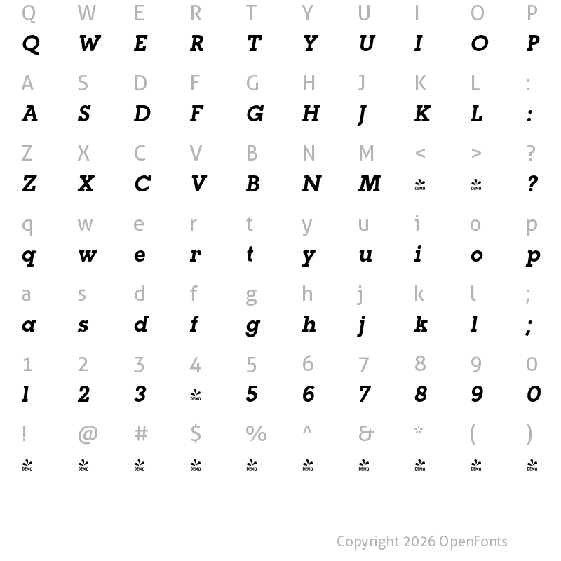 Character Map of FONTSPRING DEMO - Paralex Bold Italic