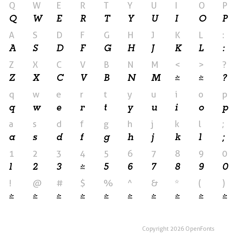 Character Map of FONTSPRING DEMO - Paralex DemiBold Italic