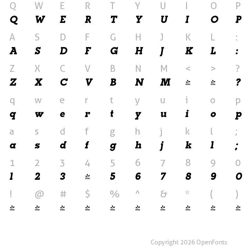 Character Map of FONTSPRING DEMO - Paralex Heavy Italic
