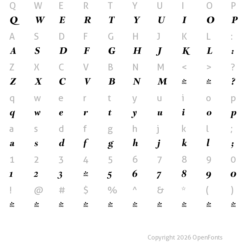 Character Map of FONTSPRING DEMO - Park Lane Bold