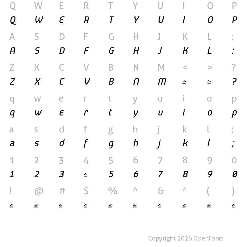 Character Map of FONTSPRING DEMO - Patron Alt Medium Italic