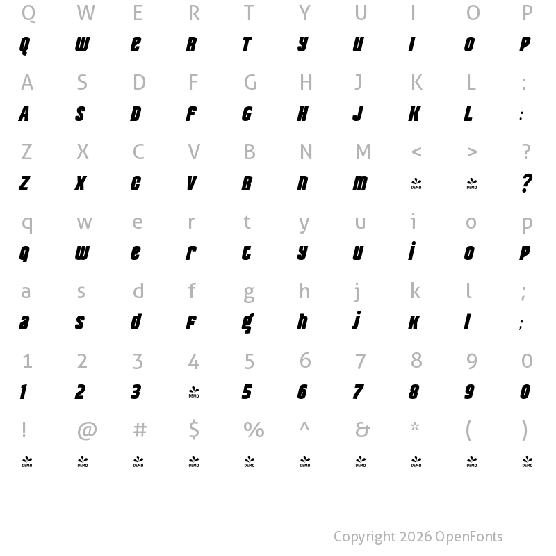 Character Map of FONTSPRING DEMO - Pearorange Black Italic