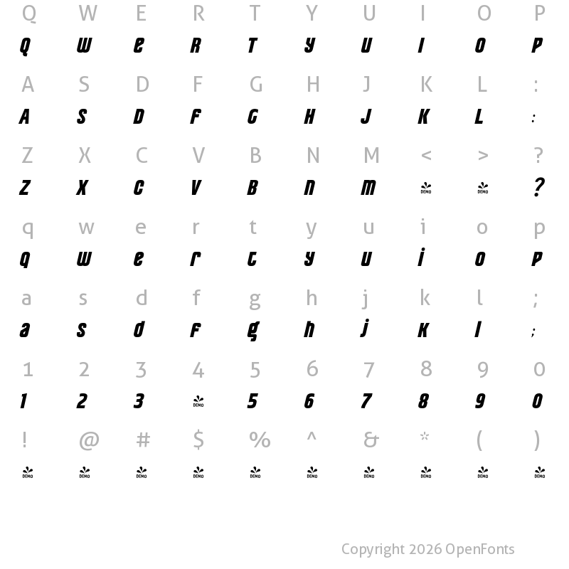 Character Map of FONTSPRING DEMO - Pearorange ExtraBold Italic