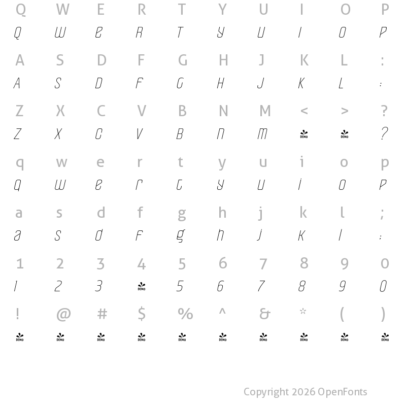 Character Map of FONTSPRING DEMO - Pearorange ExtraLight Italic