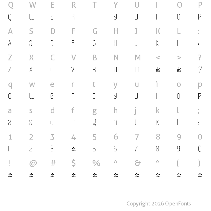 Character Map of FONTSPRING DEMO - Pearorange ExtraLight Regular