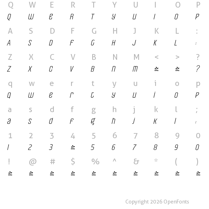 Character Map of FONTSPRING DEMO - Pearorange Light Italic