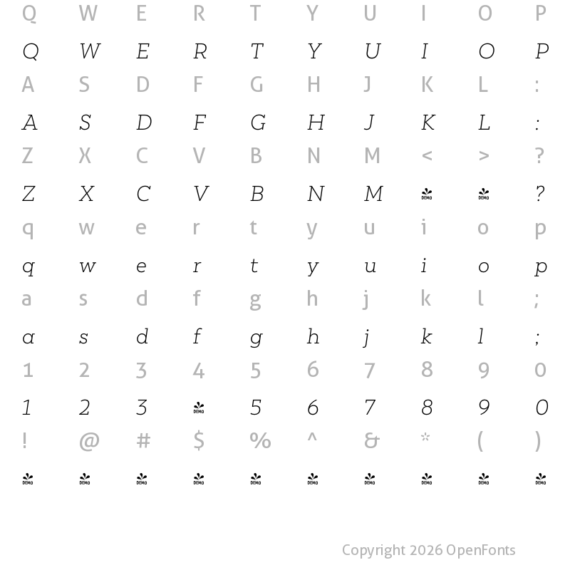 Character Map of FONTSPRING DEMO - Peckham Light It Regular