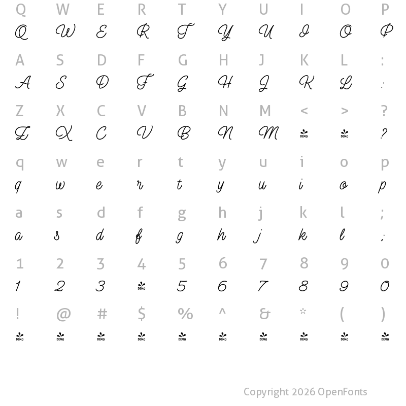 Character Map of FONTSPRING DEMO - Perfume Pen 3 Bold