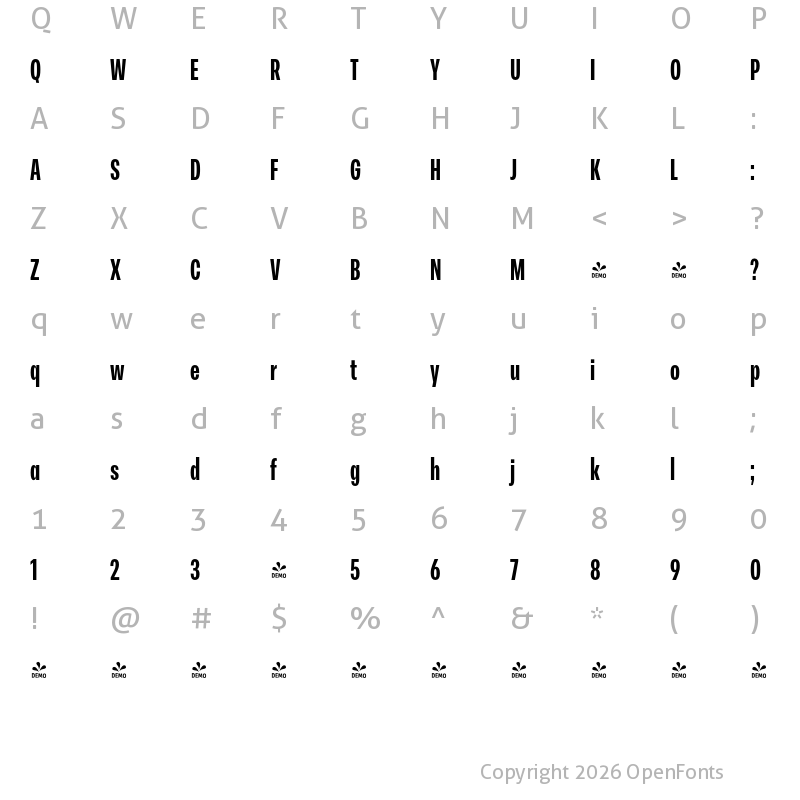 Character Map of FONTSPRING DEMO - Peridot Latin Compressed ExBold Regular