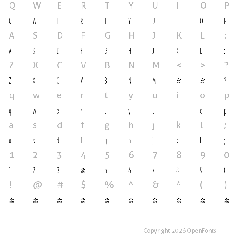 Character Map of FONTSPRING DEMO - Peridot Latin Compressed ExLight Regular