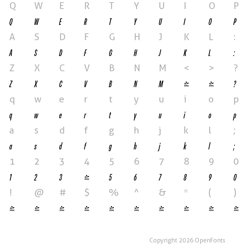 Character Map of FONTSPRING DEMO - Peridot Latin Compressed SmBold Italic