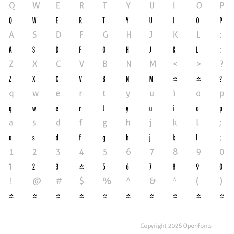 Character Map of FONTSPRING DEMO - Peridot Latin Compressed SmBold Regular