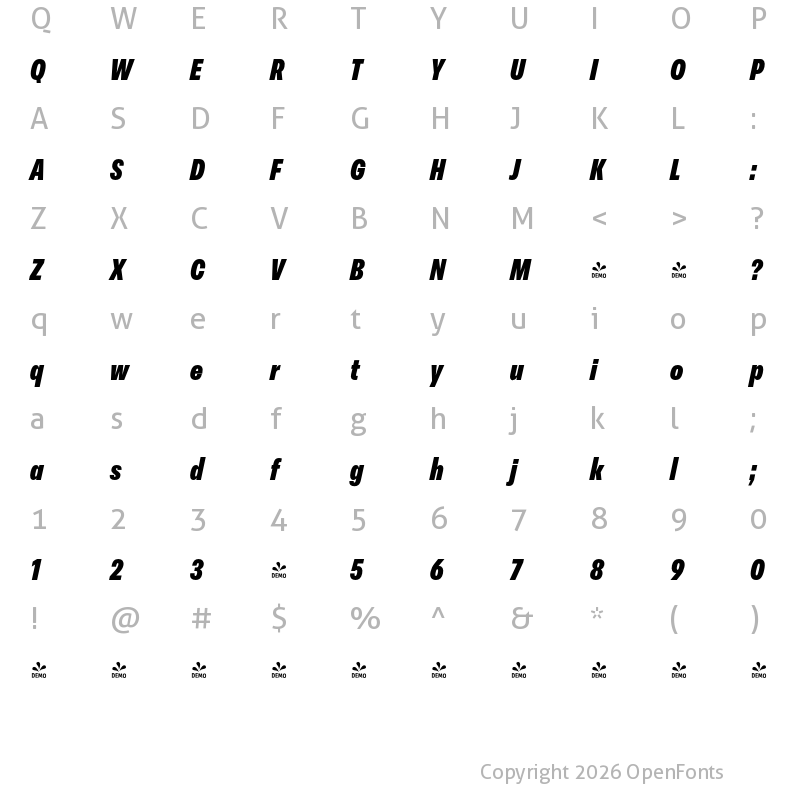 Character Map of FONTSPRING DEMO - Peridot Latin Condensed Heavy Italic