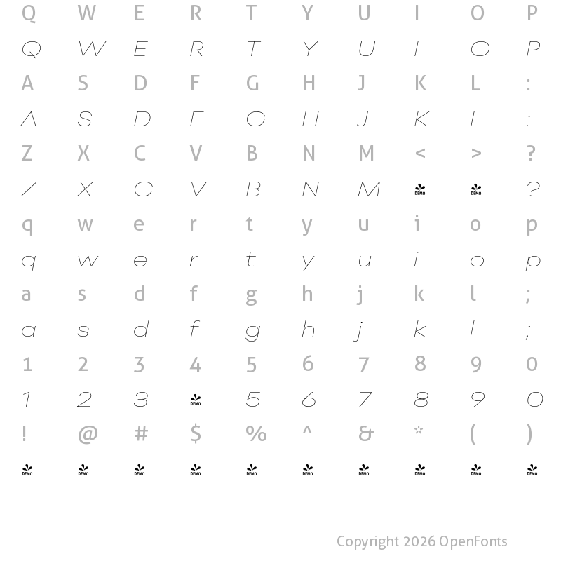 Character Map of FONTSPRING DEMO - Peridot Latin Extended Thin Italic