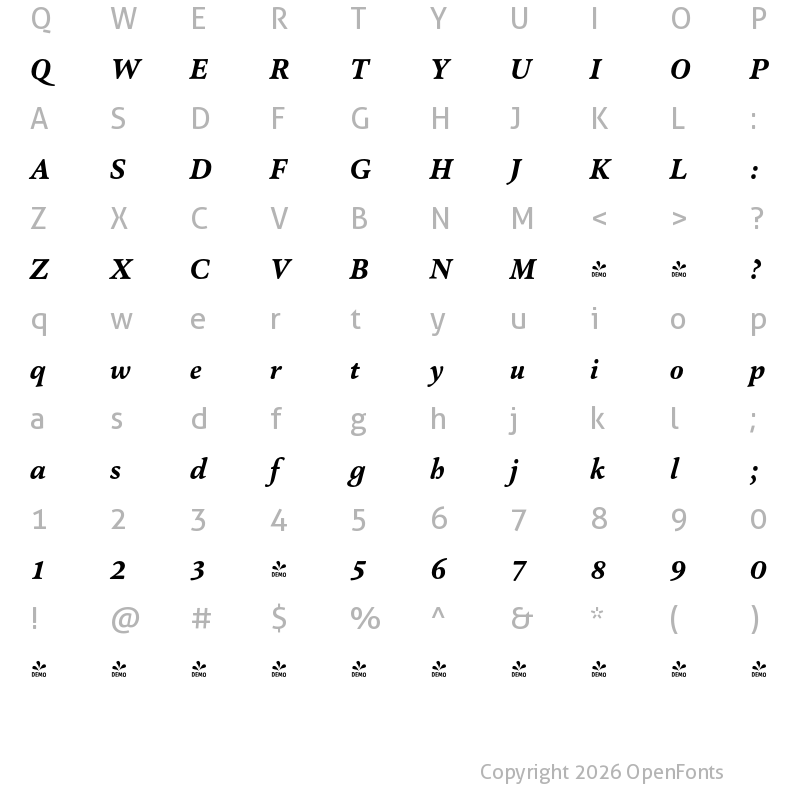 Character Map of FONTSPRING DEMO - Pesaro ExtraBold Italic