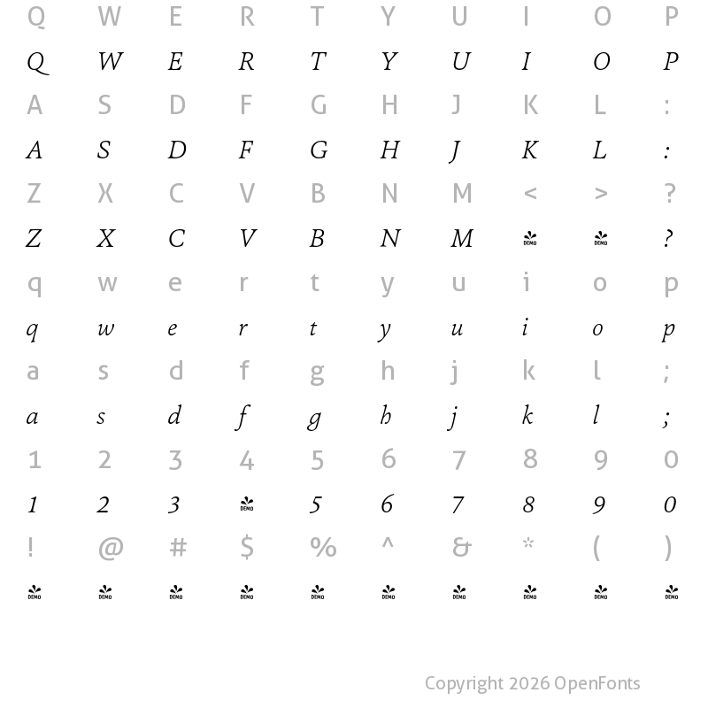 Character Map of FONTSPRING DEMO - Pesaro ExtraLight Italic