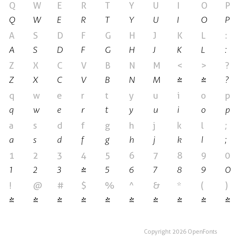 Character Map of FONTSPRING DEMO - Petala Pro SemiLight Italic