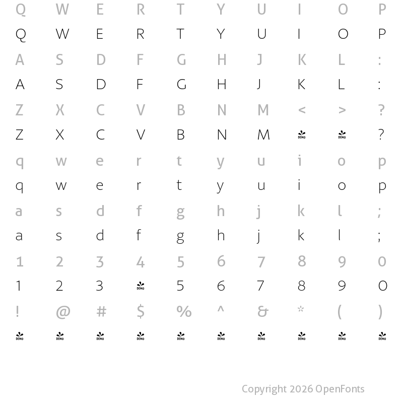Character Map of FONTSPRING DEMO - Petala Pro Thin Regular