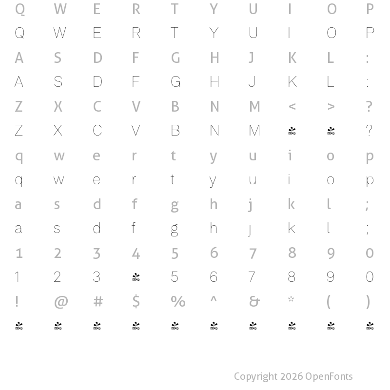 Character Map of FONTSPRING DEMO - Peter Thin Regular