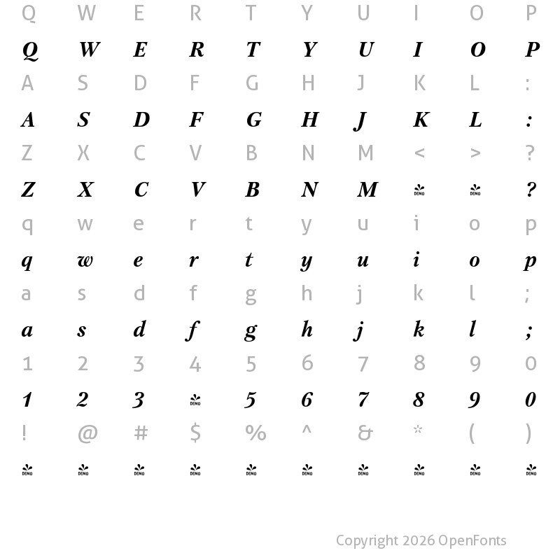 Character Map of FONTSPRING DEMO - Petersburg Bold Italic