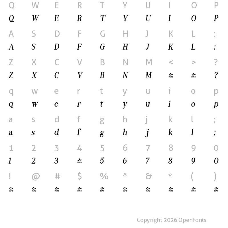 Character Map of FONTSPRING DEMO - Philocalist Slant Regular