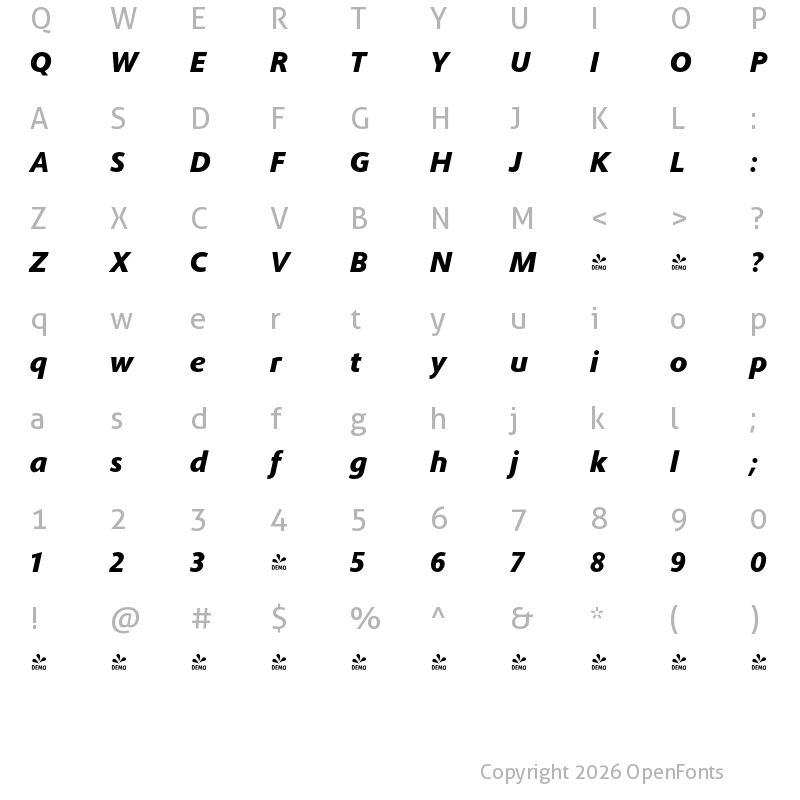 Character Map of FONTSPRING DEMO - Phoenica PRO Black Italic