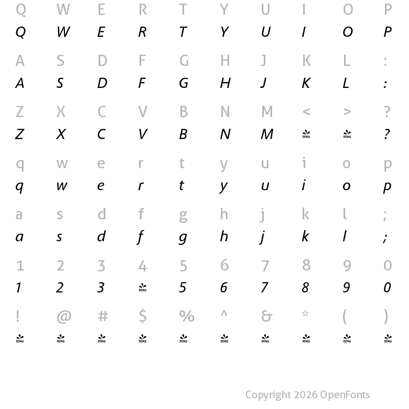 Character Map of FONTSPRING DEMO - Phoenica PRO Italic