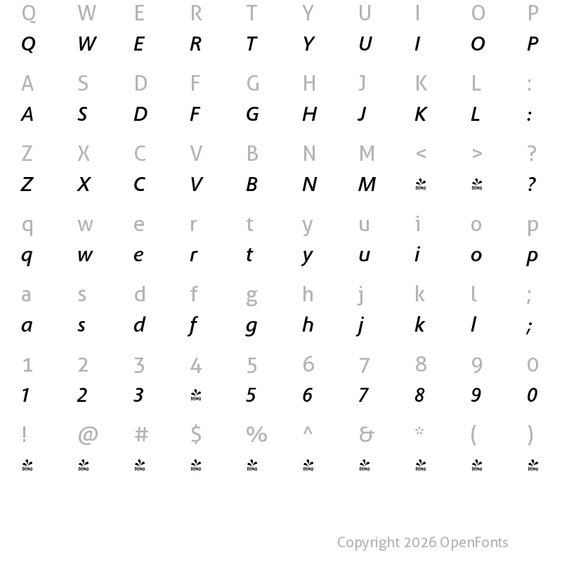 Character Map of FONTSPRING DEMO - Phoenica PRO Light Bold Italic