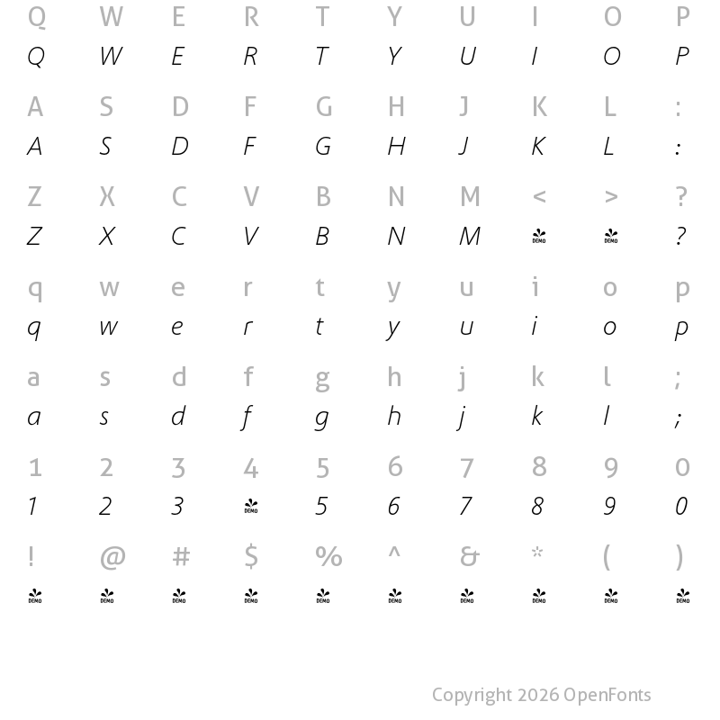 Character Map of FONTSPRING DEMO - Phoenica PRO Light Italic