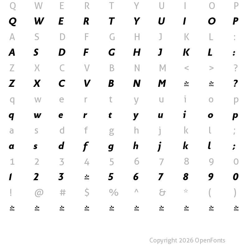 Character Map of FONTSPRING DEMO - Picadilly Black Italic