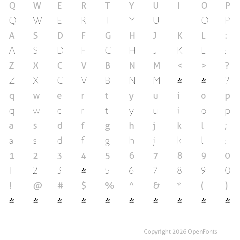 Character Map of FONTSPRING DEMO - Picadilly ExtraLight Regular