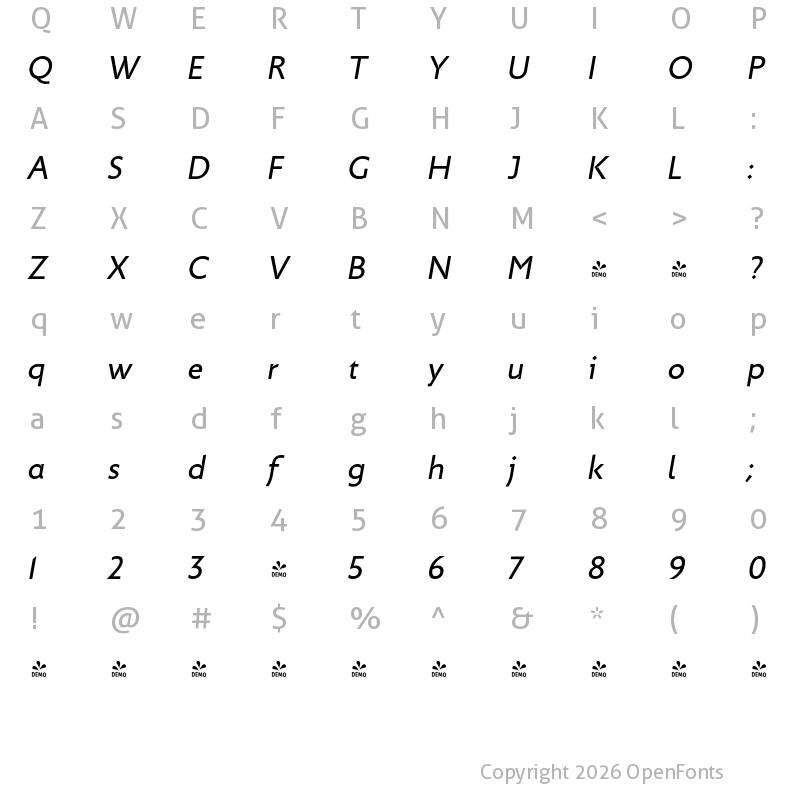Character Map of FONTSPRING DEMO - Picadilly Italic