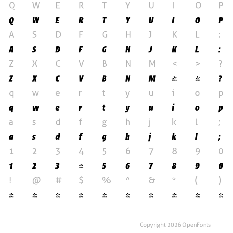 Character Map of FONTSPRING DEMO - Picador Sans ExtraBold Italic
